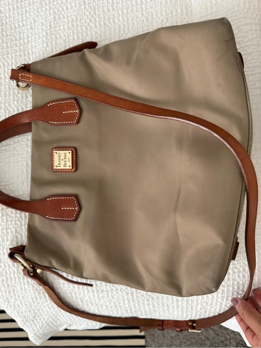 Dooney & Bourke Taupe and Brown Interior Tote with Red Zip Accents